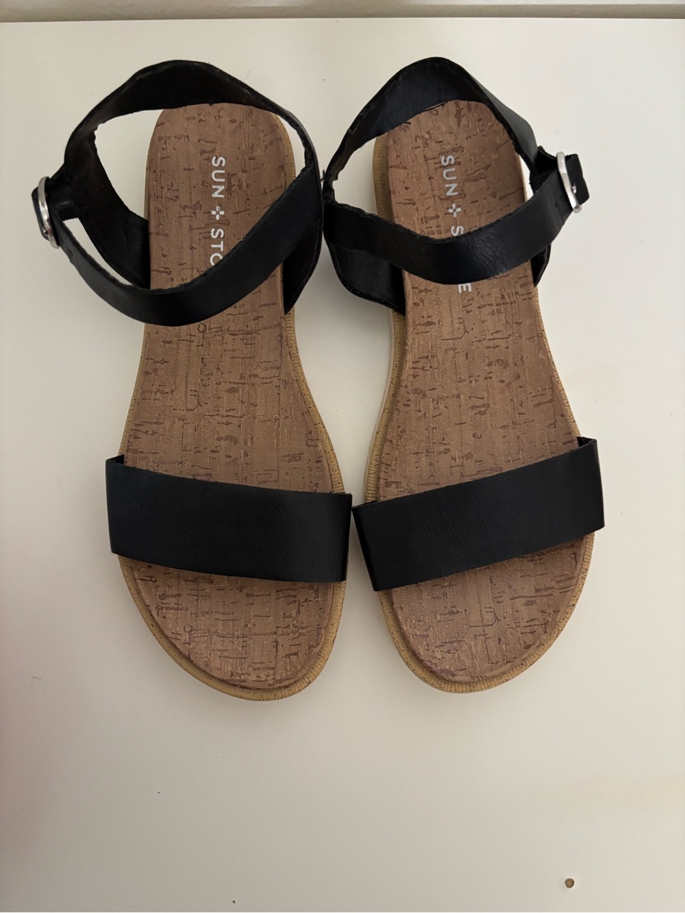Sun + Stone Black Cork-Effect Ankle Strap Sandals